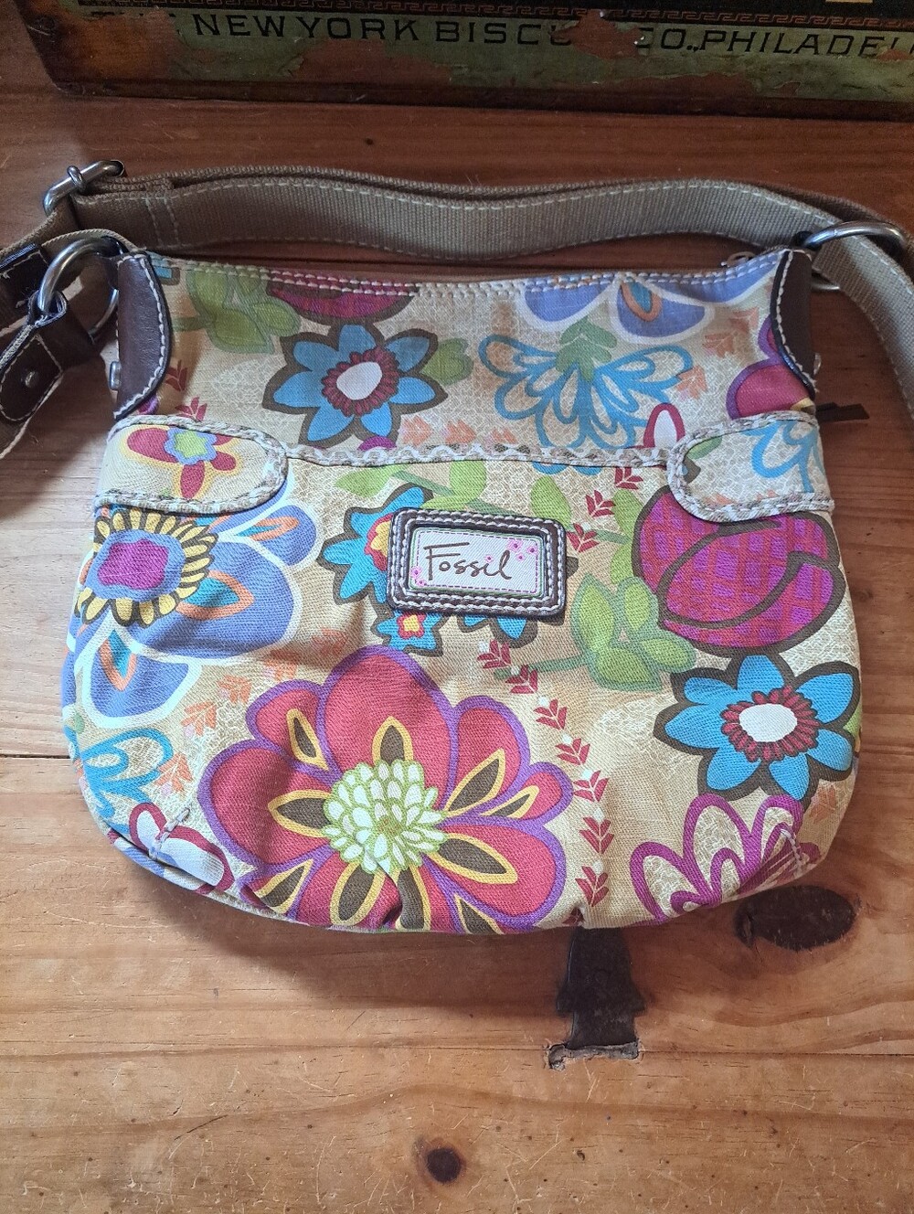 Vintage Fossil 1954 Floral Canvas Crossbody Shoulder Bag Adjustable Strap
